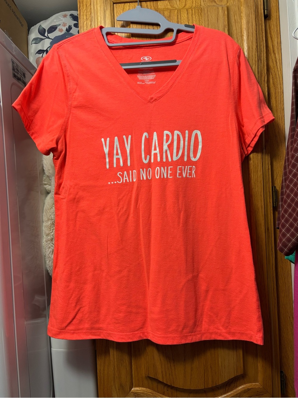 Women’s V-Neck Graphic Tee - Coral "Yay Cardio"